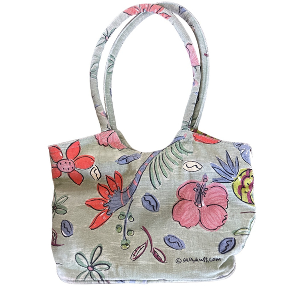 Women's Sally Huss Tropical Floral Tote Bag Green/Pink One Size - Picture 1 of 4